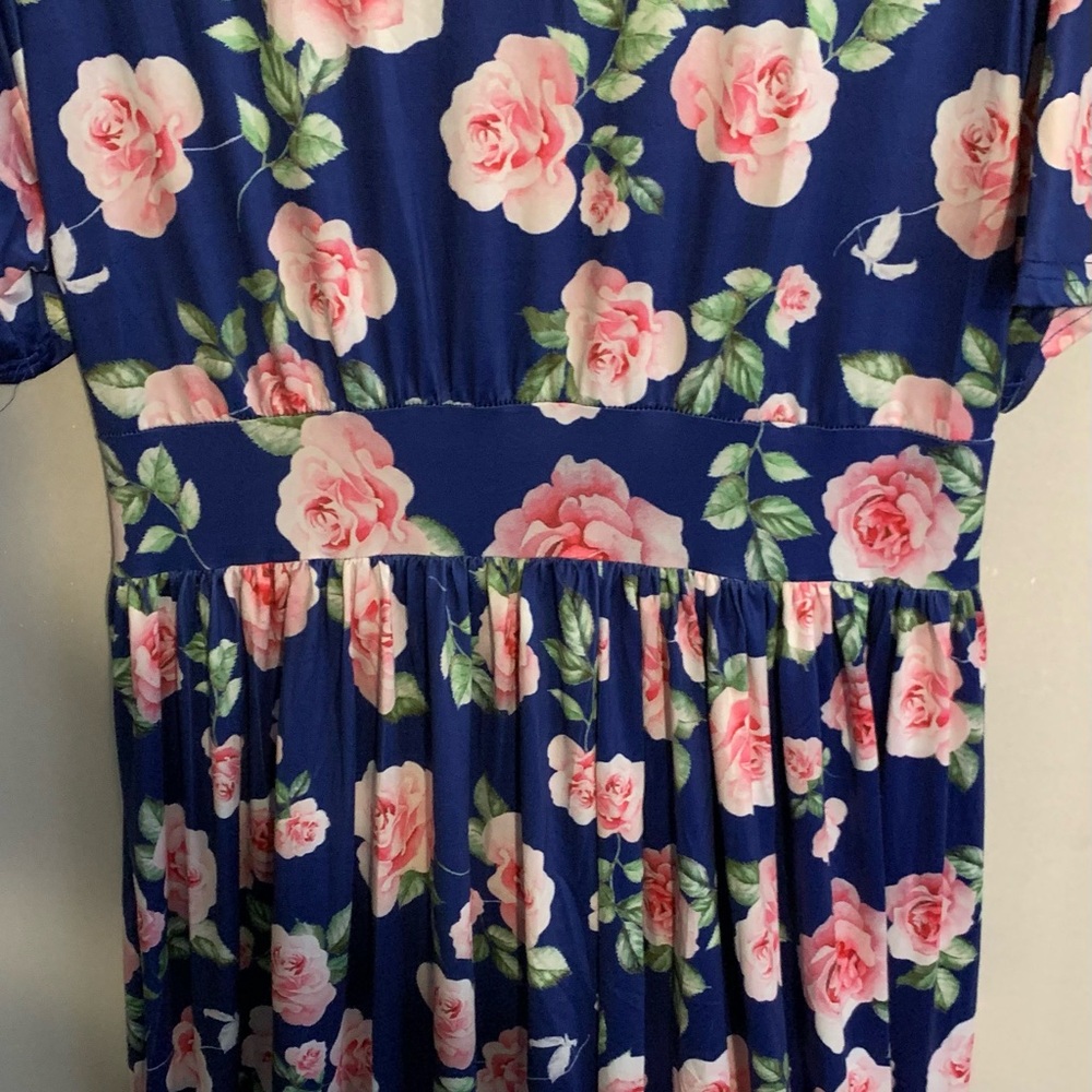 Navy Floral Wrap Maxi Dress with Pink Rose Print - Picture 2 of 7